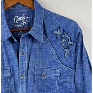 ROCK 47 WRANGLER Western SNAP Front Cotton (XL) Blue Shirt Pocket embroidered